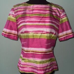 Sag Harbor Pink and Green Striped Short Sleeve Top